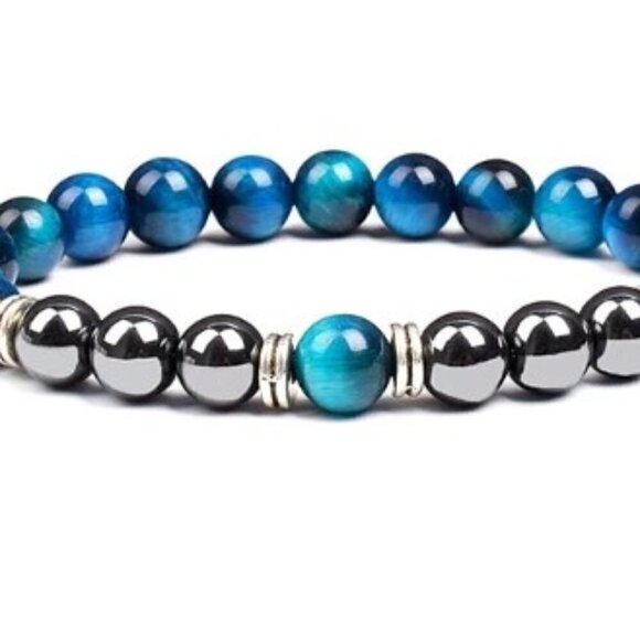 BLUE TIGER’S EYE BRACELET GEM BEAD BRACELT UNISEX NEW - Picture 2 of 5